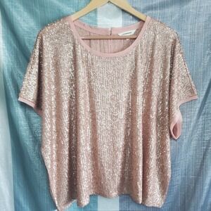 Lucky Brand Womens XXL Rose Gold Sequin Short Sleeve Blouse Top Luxury Luxe